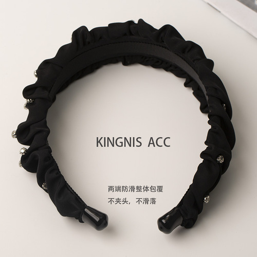 Korean super fairy sparkling black pleated satin hairband high skull hairpin headdress women's non-slip wide-brimmed headband hair accessory