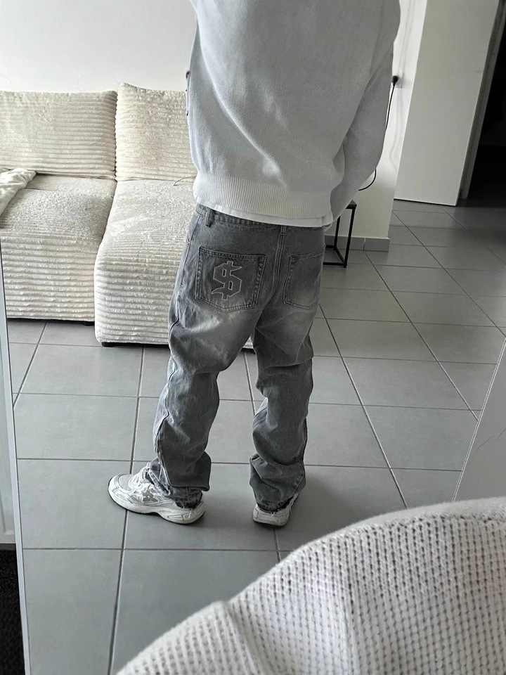 Cross-border high street lavado vintage jeans hacer letras viejas bordadas hombres y mujeres piernas anchas bordadas pantalones rectos sueltos