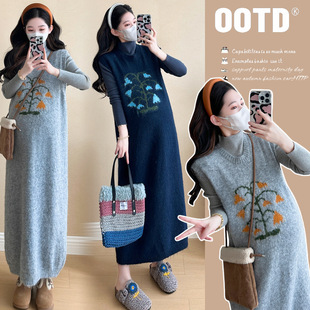 Maternity 2024 Autumn Dress Korean Style Simple Retro Knitted Embroidered Flower Vest Dress High Neck Base All-match suit