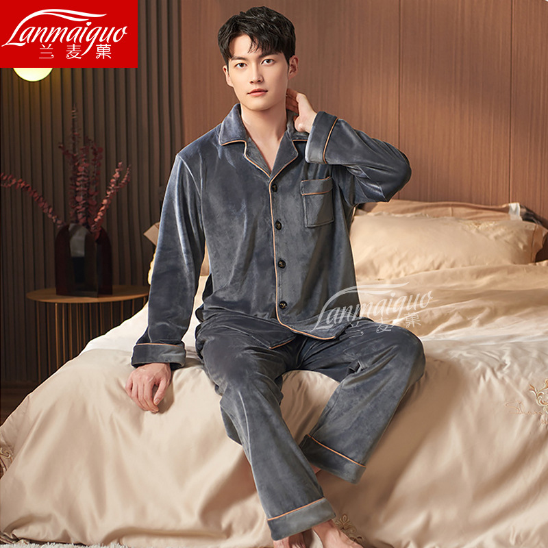 2025 New Autumn and Winter Men's Thickeneded Island Velvet Pajamas Set Cardigan Pure Color Home Clothes Can Be Worn Outside