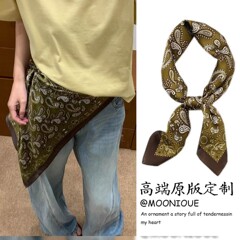 时尚百搭绿色腰果花丝巾女款文艺复古小方巾小众设计感腰间配饰女