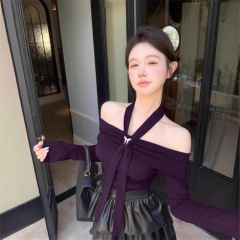飘带挂脖紫色长袖t恤女秋冬纯欲辣妹一字肩上衣高级感打底衫内搭