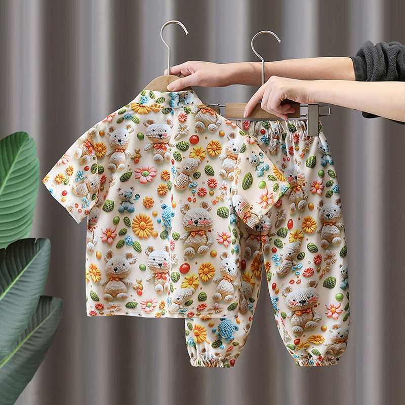 7292 Traje de verano para niños 2025 nuevo estilo niño oso de manga corta ropa delgada traje de dos piezas de servicio a domicilio de verano