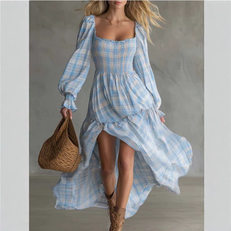 2026 European and American Bohemian Square Neck Plaid Dress with Gathered Waist, Puff Sleeves, High-Low Hem, Vacation Long Dress