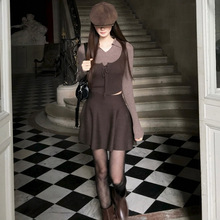 现货 韩系女装韩国东大门秋季新款假两件叠穿系带背心长袖针织衫