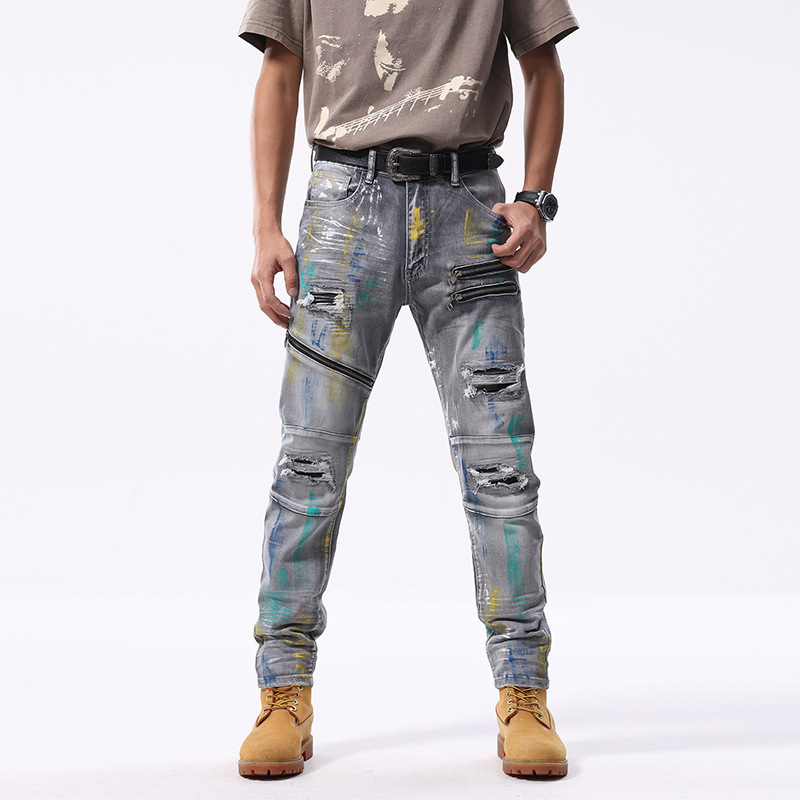 Foreign Trade Cross-border Puppies Handsome Motorcycle Jeans Men's Trendy Stitching Zipper Trendy Brand High-end Fashion Slim-fit Skinny Pants