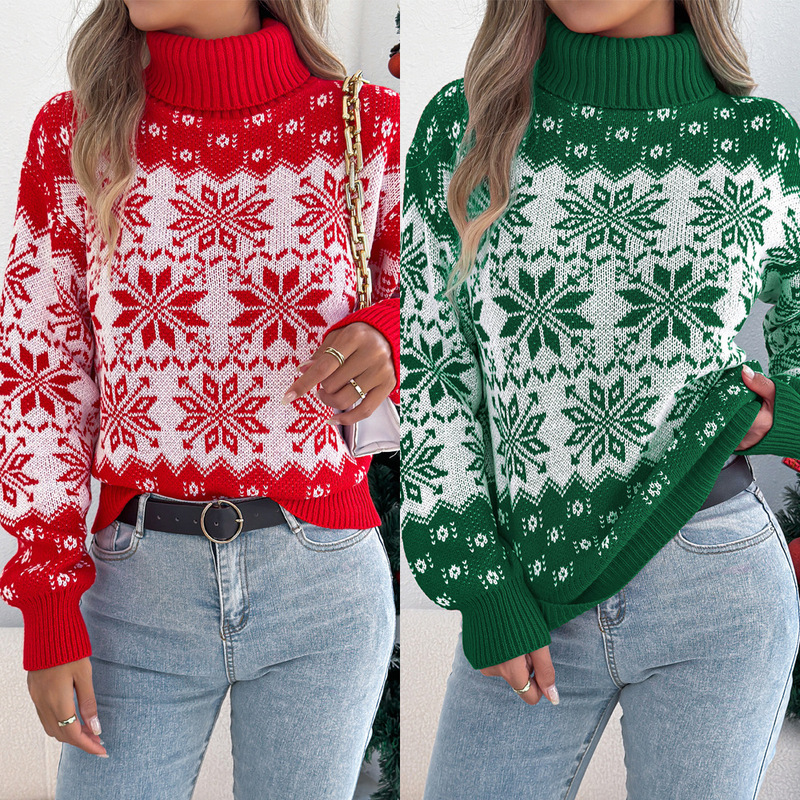 Real Shot of Autumn and Winter European and American Snowflake Pattern Lantern Long-Sleeved Turtleneck Pullover Sweater Amazon Women's Christmas