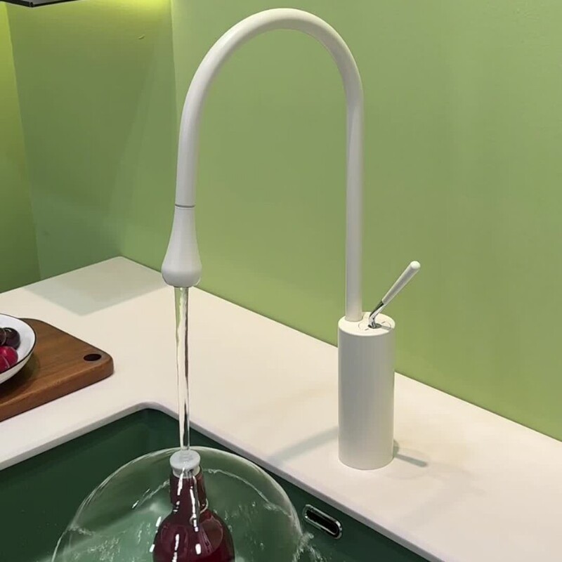 Cross-Border Cream White Stainless Steel Water Drop Kitchen Pull-Out Rotating Universal Faucet Sink Dish Basin Hot and Cold Faucet