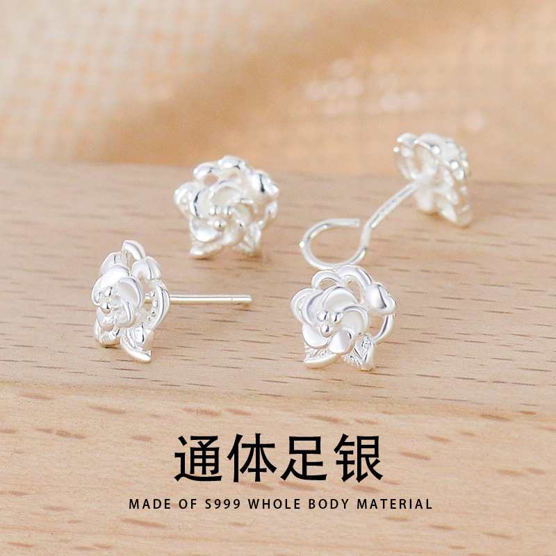 999純銀耳釘花朵彎勾睡覺不用摘的玫瑰花時尚通勤耳釘女跨境批女