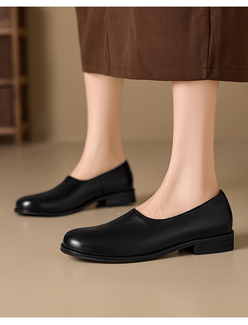 Giày lười nữ da bò mũi vuông gót thấp 2,5 cm kiểu mới mùa thu — màu nâu chi tiết 2