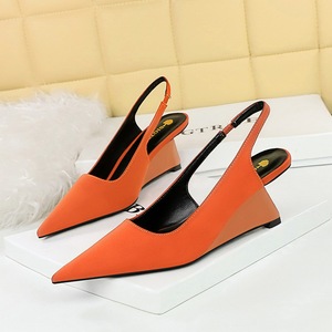 1097-2 Korean Edition Fashion Simple High Heel Slope Heel Shallow Notched Pointed Hollow Back Strap Banquet Women's