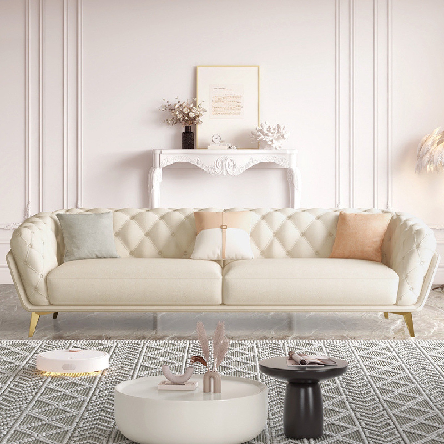 Sofá de tela de estilo francés crema retro lujoso ligero sensación de piel de velcro de leche sala de estar pequeña casa simple sofá recto