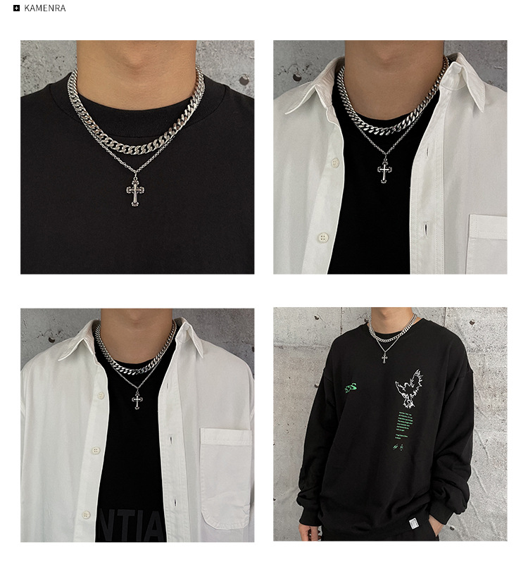 New Hot INS Dark Wind Cross Pendant Hip Hop Personality Double Layer Design Titanium Steel Necklace Men's Chain Sweater_voghion.com