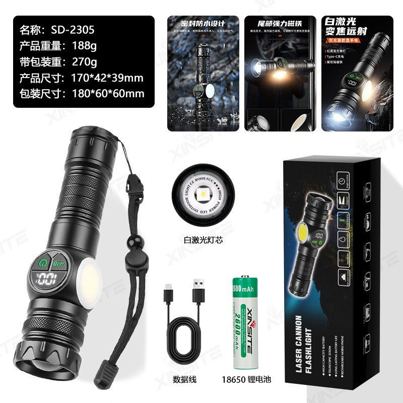 跨境户外手电筒多功能LED强光远射数显手电便携式尾部磁吸照明灯|undefined