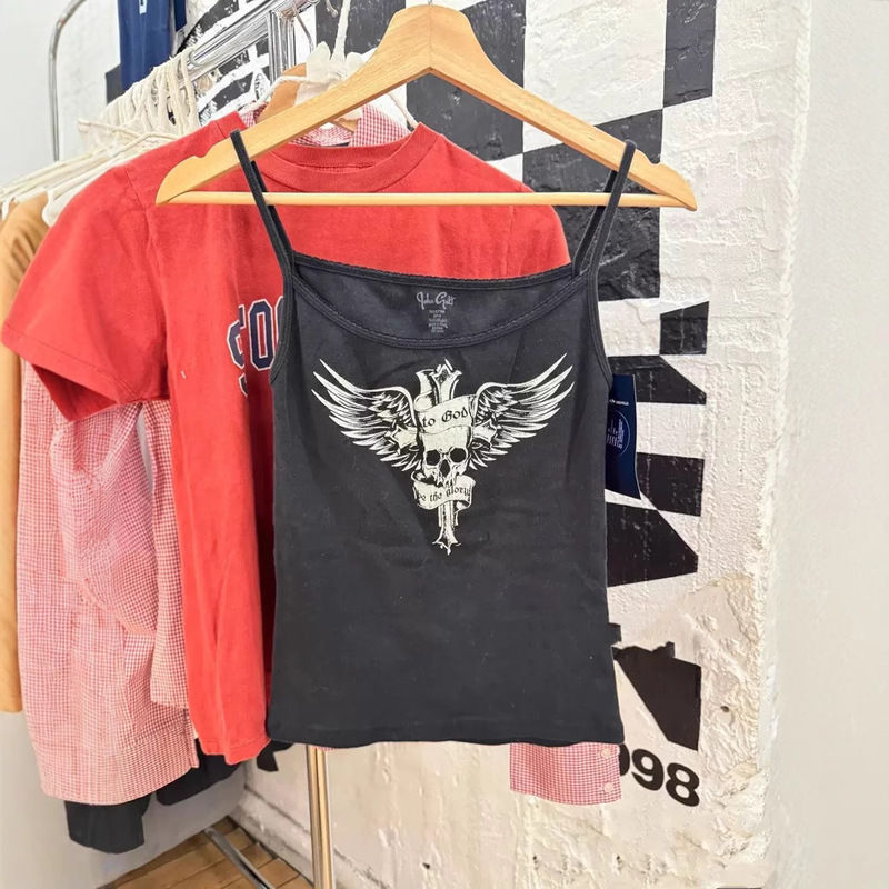 BM Style Black Skull Print Sling Women's Summer Bm American Style Retro Slim-fit Slim-fit Lace Collar Vest