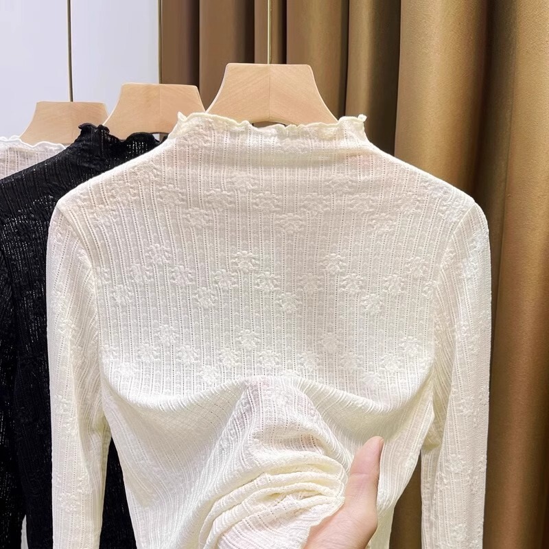 Atmospheric Lace Ruffle Edge Base Shirt for Women, 2026 Spring Season, Semi-High Collar, Thin Style, Suitable for Wearing under a Blazer, Long-Sleeve T-Shirt