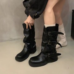 复古皮带扣西部牛仔靴2025秋季新款废土风裤管靴子女骑士靴