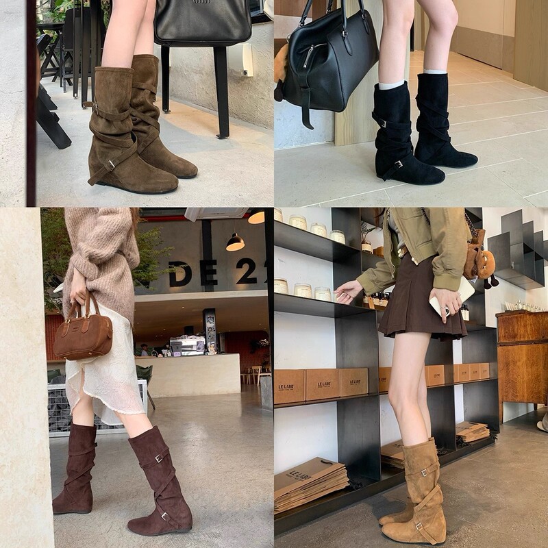 牛皮版~复古绒面交叉带平底褶皱堆堆靴女大筒围显瘦内增高中筒靴|undefined