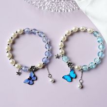 新款氣質閨蜜珍珠爆花晶手鏈女小眾設計日韓藍色蝴蝶手串跨境飾品