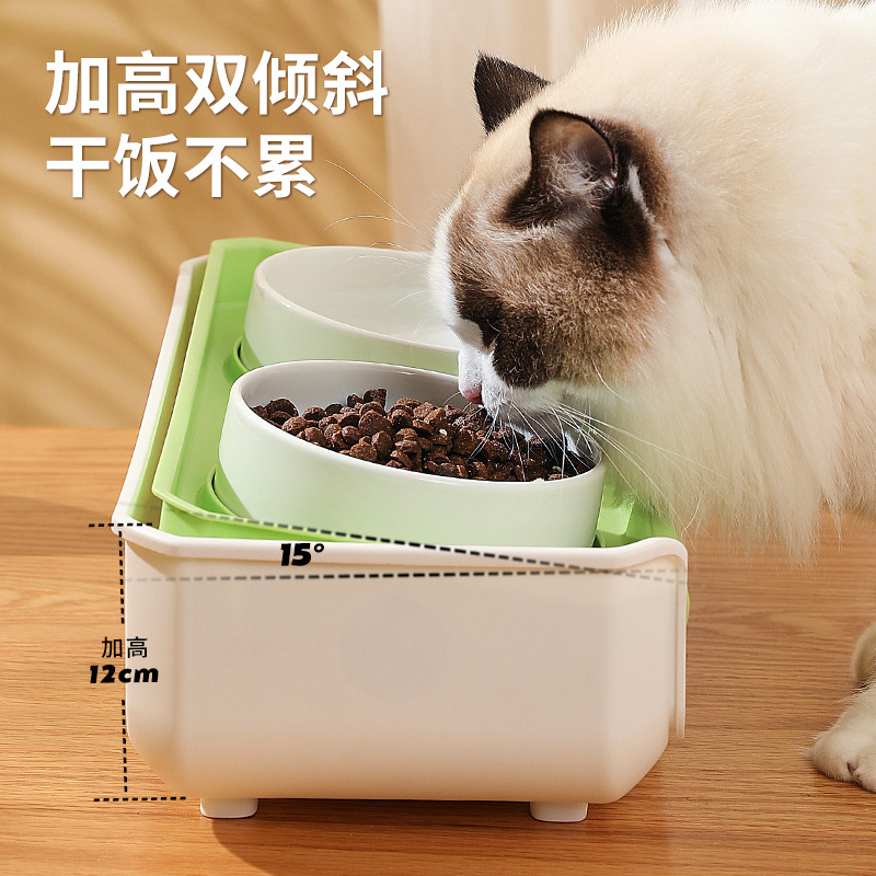 Suministros para mascotas transfronterizas tazón de gato al por mayor de cerámica doble tazón oblicuo boca tazón de comida para gatos tazón de perro antidetonante tazón de mascota ajustable