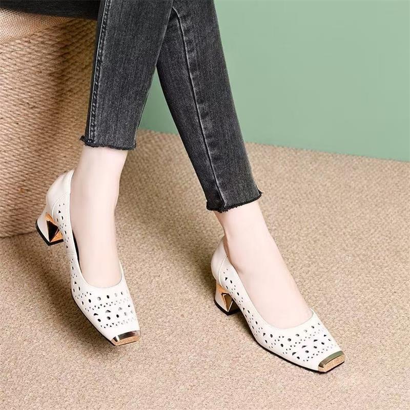 2026 nueva primavera y verano hueco de cuero suave zapatos de tacones de cuero suave zapatos de cuero cuadrado no cansados zapatos de tacones altos