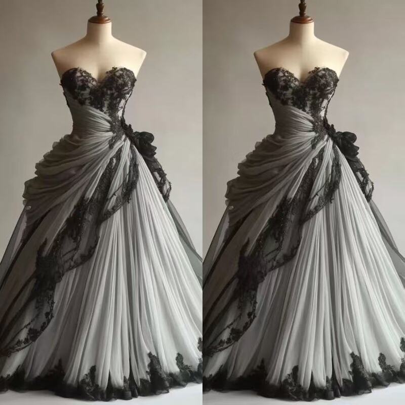 Strapless Black and White Gothic Wedding Dress Sweetheart Sleeveless Long Bridal Gown 2026 New Model Cross-Border Aliexpress Supply
