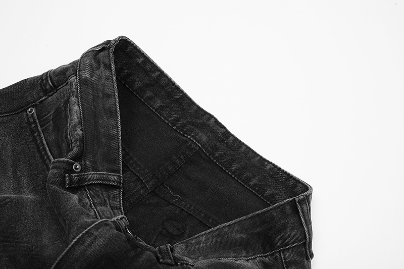 Unisex High Street Distressed Whiskered Ripped Black Jeans American Style Vibe Washed Straight Leg Slightly Flared Hip Hop Floor Length Pants_mkmklike.com