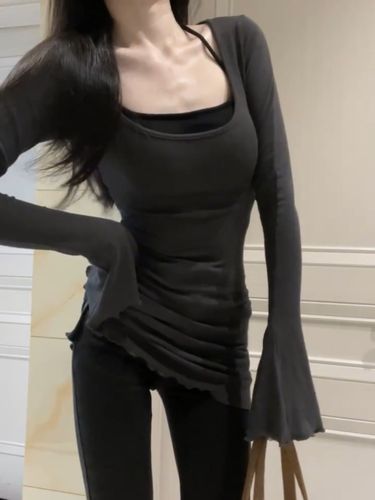 [260g rayon modal] bell sleeve square neck long sleeve t-shirt for women pleated waist elastic bottoming