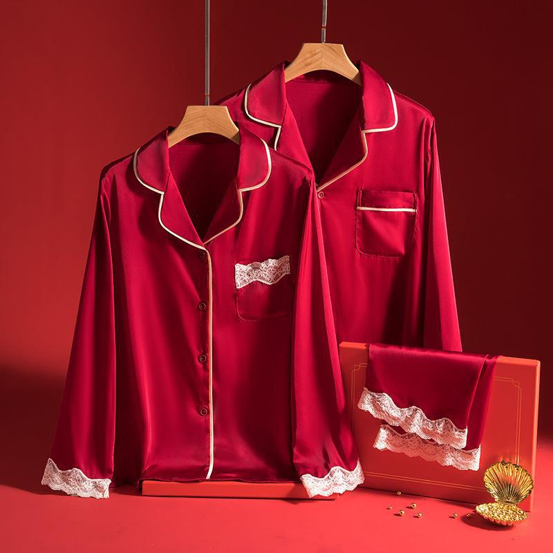 Wedding wedding couple pajamas autumn and winter ice Silk women's high-grade red birth year men's silk homewear