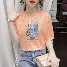 夏季新款冰丝短袖T恤女韩版烫金亮片字母柔软透气时尚百搭上衣潮