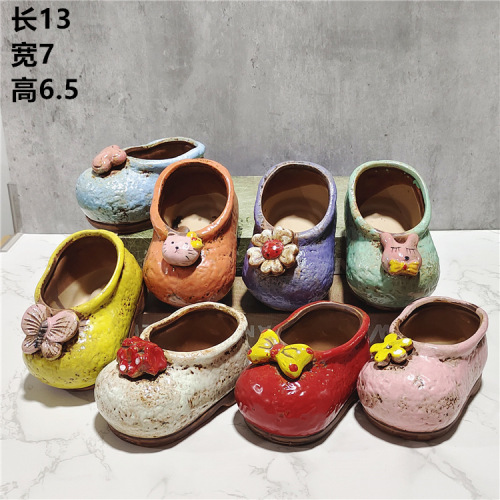 Hot-selling Korean-style cute shoes ceramic succulent plant pot, 3D cartoon meat plant painted small flower pot, decorative item
