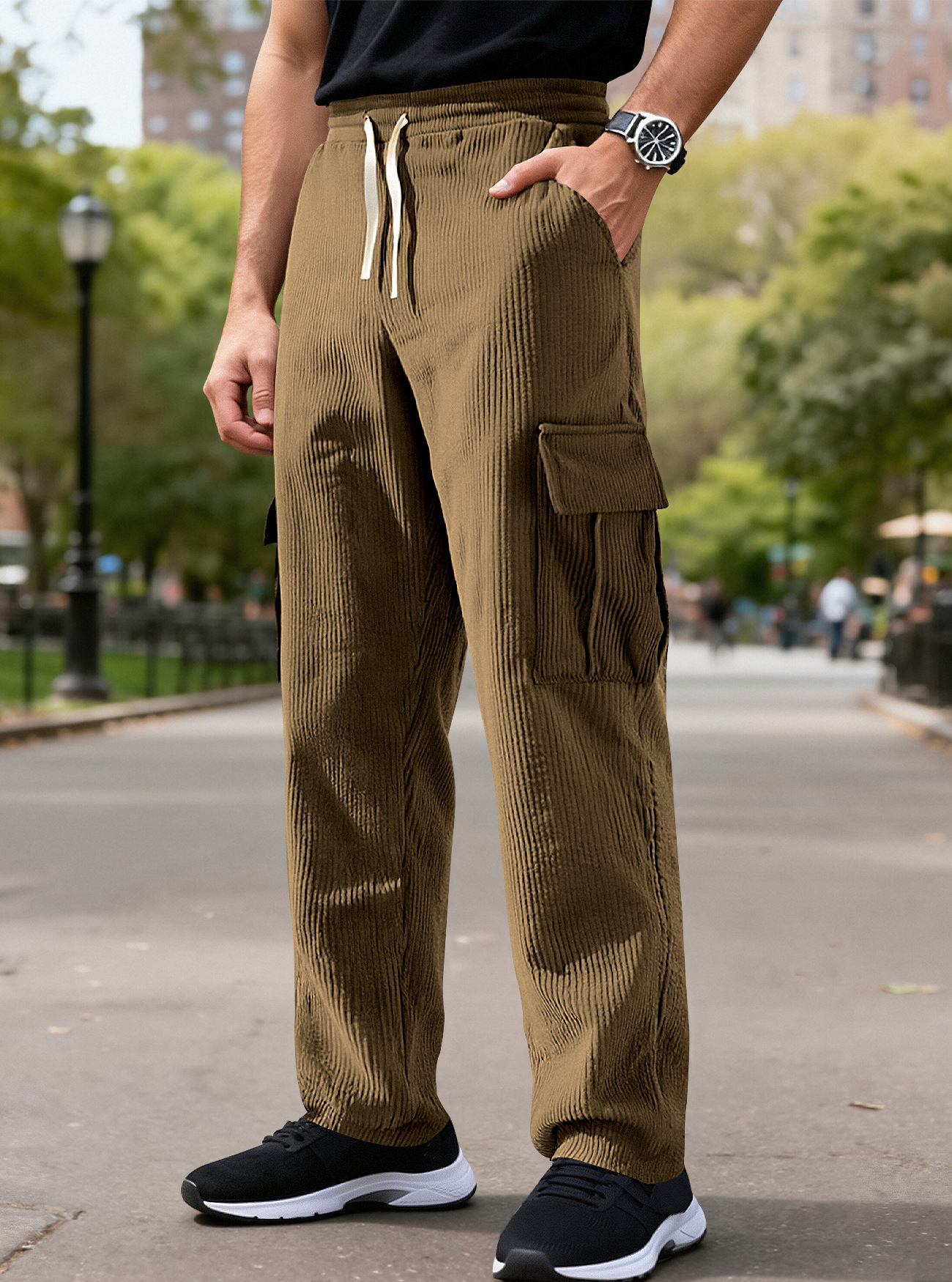 Monochrome Herren-Sommer-Arbeitshose im amerikanischen Retro-Stil, lässige Sporthose, lockere, gerade Cordhose mit weitem Bein_voghion.com