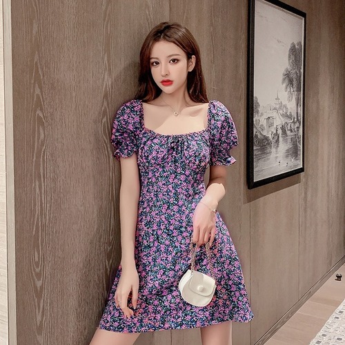 2022 Fashionable Plus Size Dress for Women Summer New French Retro Square Neck Belly Covering Slim Puff Short Sleeve Floral Skirt