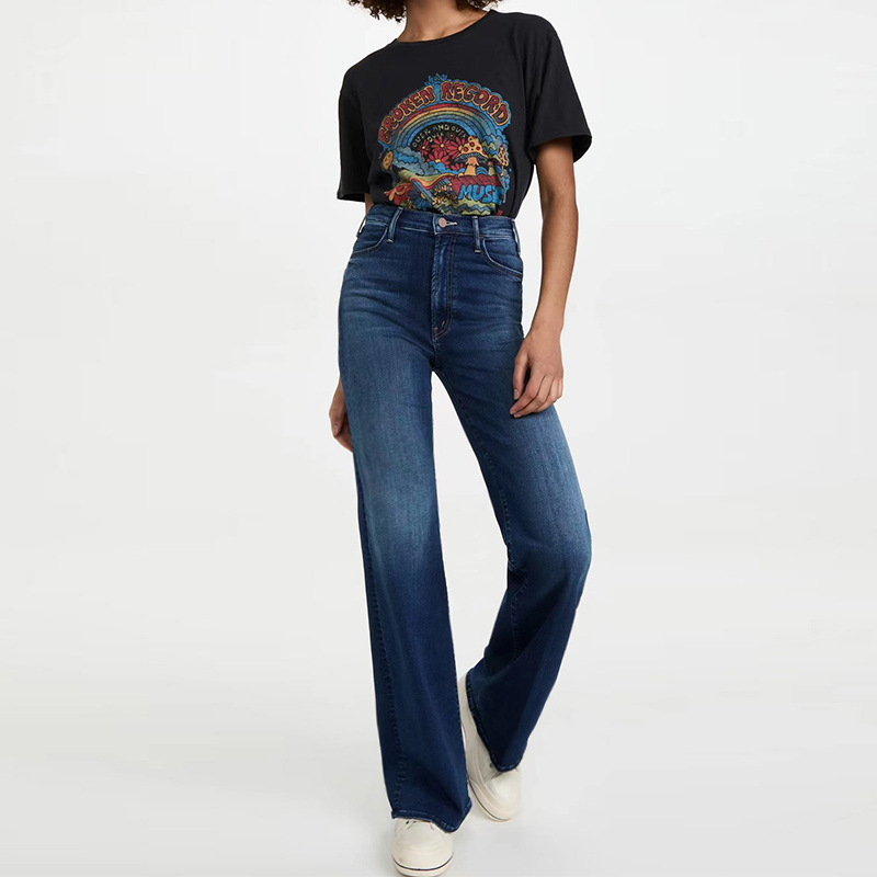 European and American Style Mo Jeans, Cool Cotton Jeans for Women, 2026 Spring Washed Blue High-Waisted Stretchy Slimming Straight-Leg Pants