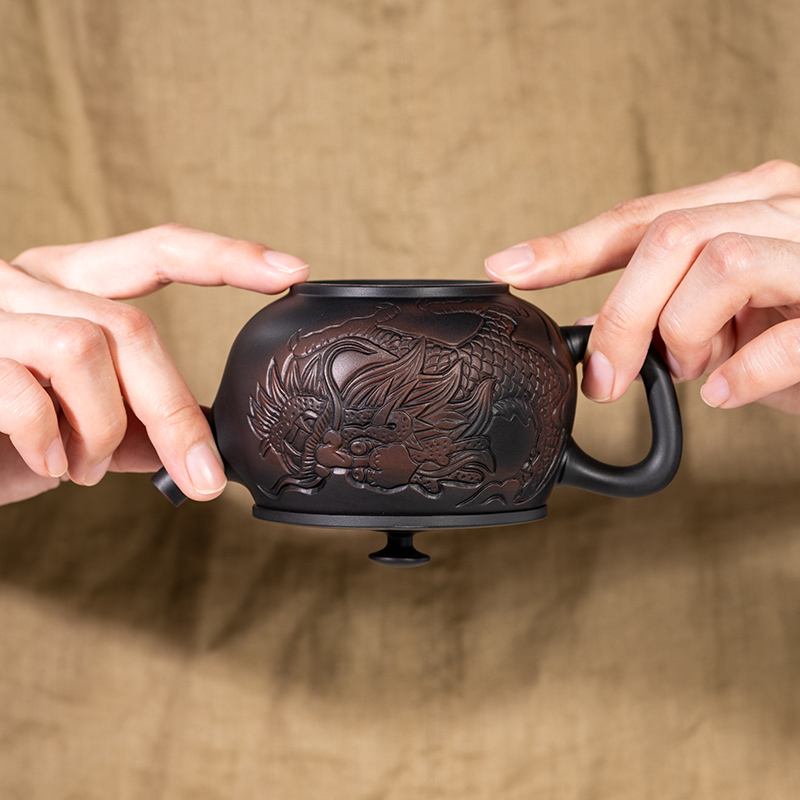 紫陶茶壶可提可旋转可凤鸣全手工雕刻建水紫陶汉瓦壶单个泡茶壶