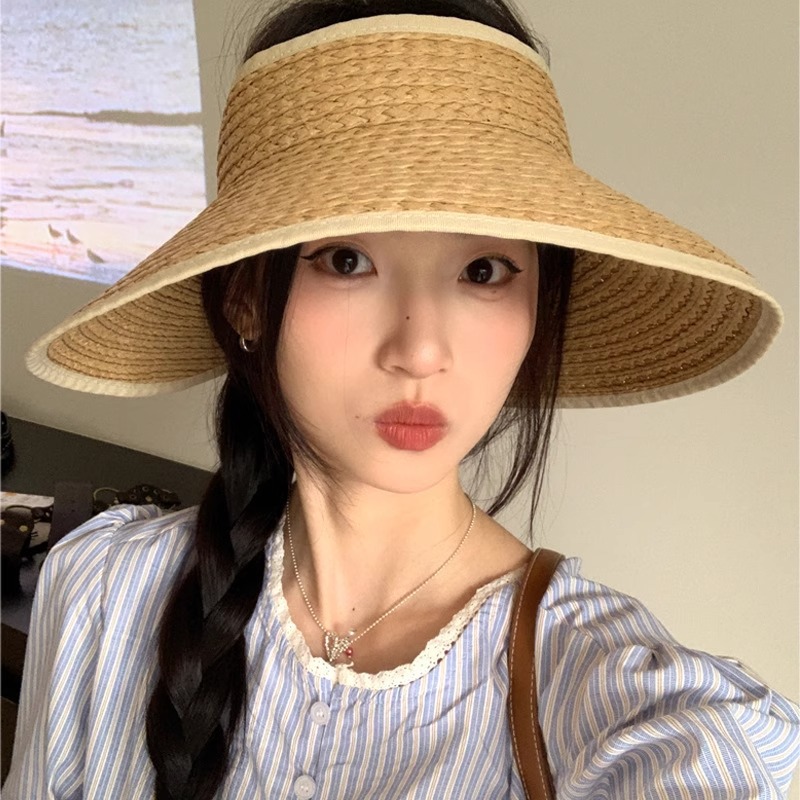 여성용 밀짚모자, 한국식 심플하고 다재다능한 패셔너블한 챙이 큰 자외선 차단 모자, 우아하고 접이식