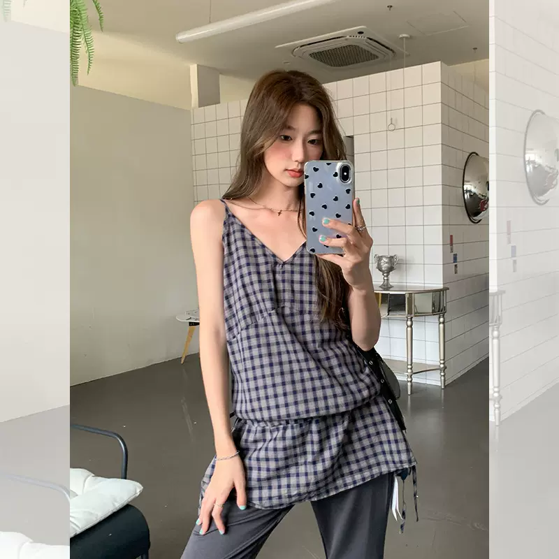 韩系学院风格子绑带收腰长款无袖背心女夏季减龄V领显瘦吊带上衣