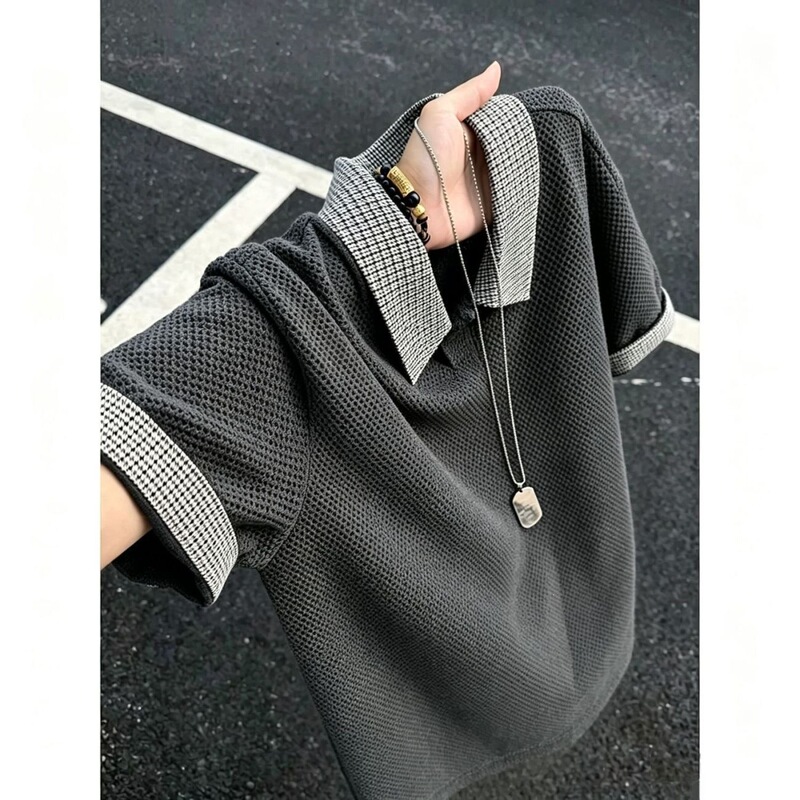 Gray dragon scale pattern short-sleeve men's POLO shirt, summer spliced breathable t-shirt with stylish design and turn-down collar
