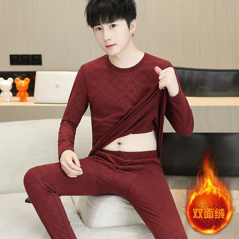 겨울 열 속옷 세트 남성 양털 뜨거운 가을 옷과 바지 청소년 양면 양면 양털 스웨터 바지 기본 셔츠