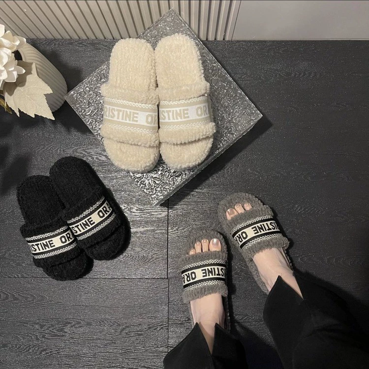 Прямая трансляция на толстой подошве с буквами Мао Тапочки женская одежда 2023 осень и зима Новые хлопковые тапочки с фигурной овечьей флисовой подкладкой носят одно слово