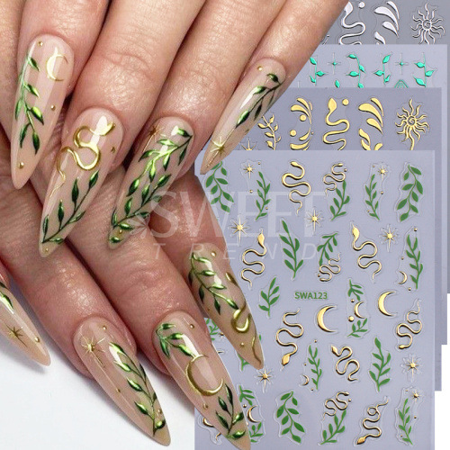Cross-border New Nail Art Stickers Wholesale ins Middle East Best Selling Leaf Star Snake Sun Totem Adhesive Nail Stickers