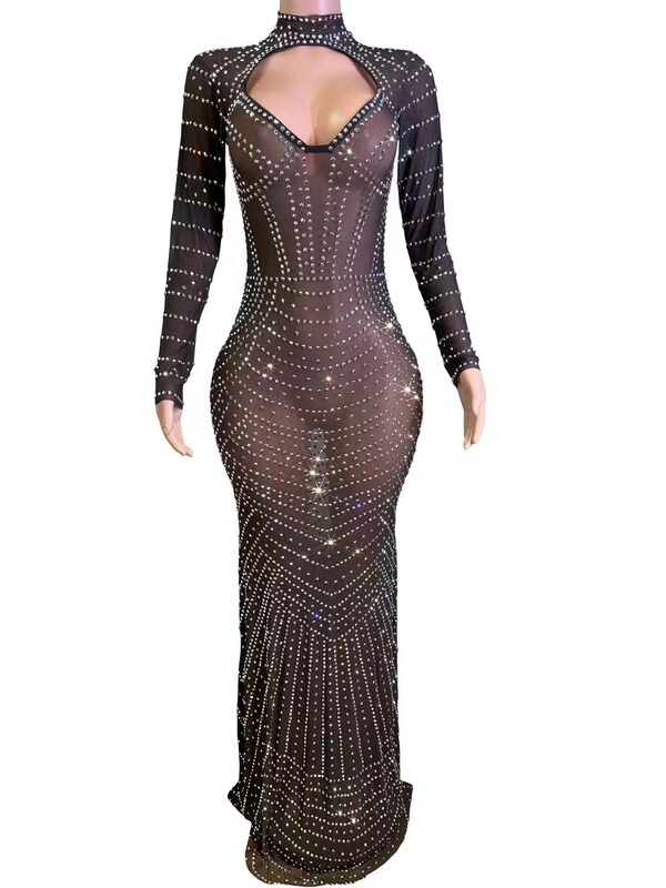 Host Banquet Evening Dress Amazon Fashion Multi-Color Diamond Full Diamond Zipper Long-Sleeved Evening Dance Long Dress Black