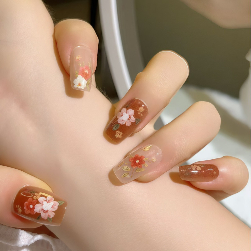Ancient Style Wearable Nails with Pastoral Floral Oil Painting Design, Short High-End New Chinese Style Flower Nail Stickers