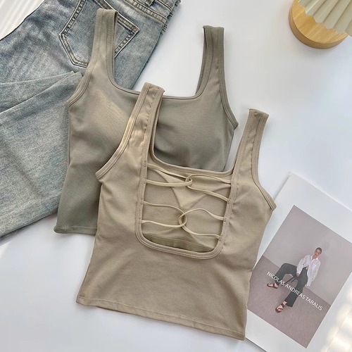 Women's Bralette Strappy Camisole Top for Lingerie, Bodysuit, Stylish Back, Slimming, Cross-Strapped, Hollowed Square Neck, Sleeveless, Short-Sleeve