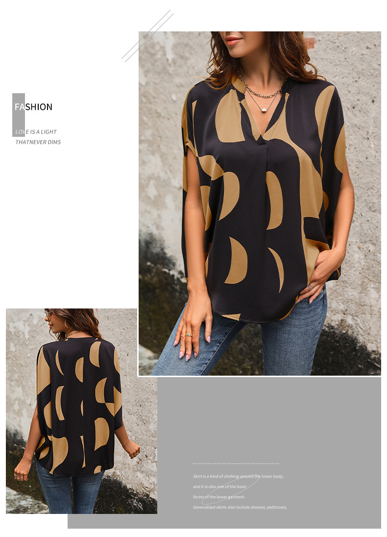 Printed Short-sleeved Pullover V-neck shirt_voghion.com