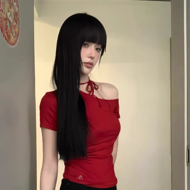 Perucă neagră lungă și dreaptă Connie pentru cap complet pentru femei, breton, voluminoasă și naturală, negru zilnic, stil bogat Jiang Manga