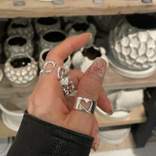 简约镂空爱心戒指女几何不规则叠戴甜酷S925镀银开口指环食指戒潮