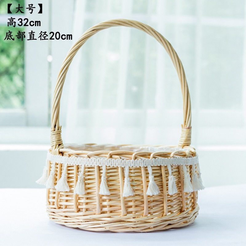 Cesta de flores con asa de encaje, cesta de bambú tejida para floristas, embalaje DIY, pequeña cesta de bambú para ramos y flores secas.