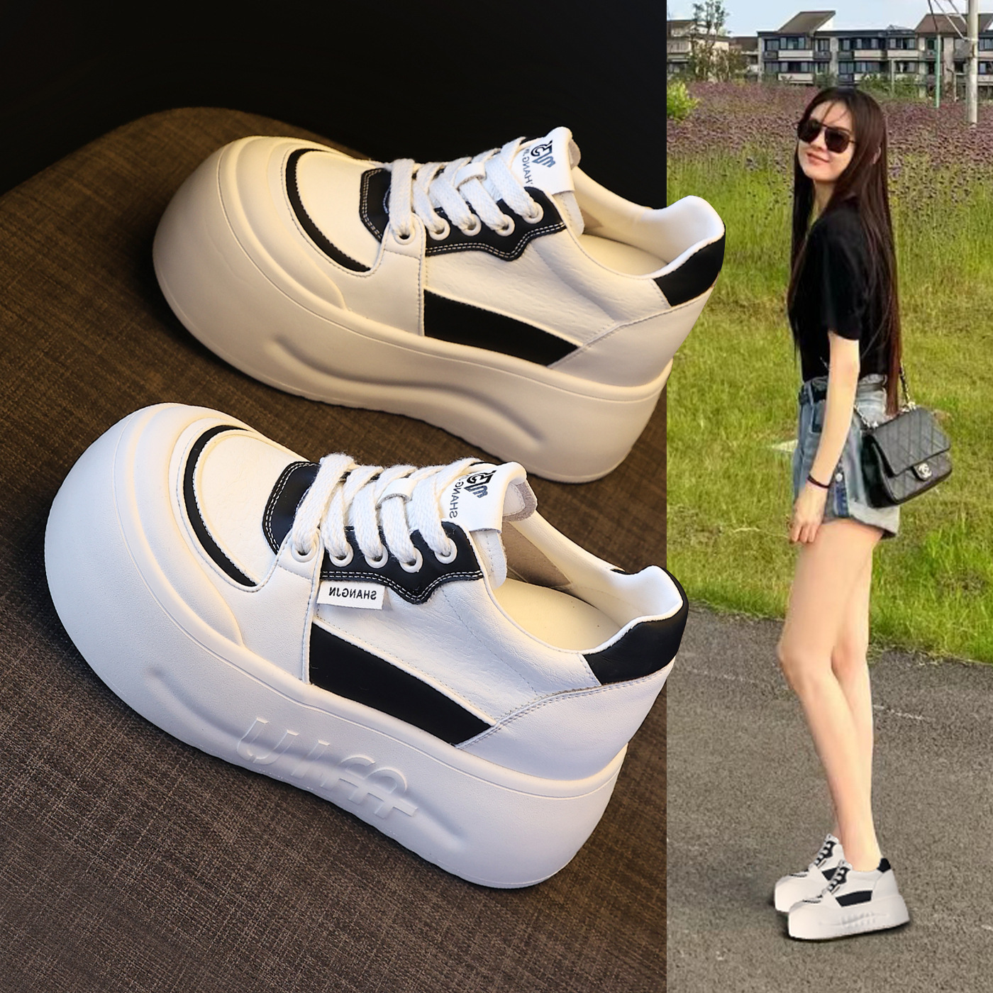 Giày sneaker nữ đế dày tăng chiều cao, mũi đầu to phong cách thể thao — ngọc trai trắng