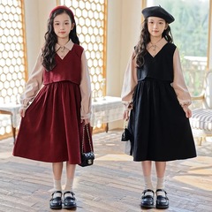 Little Girl College Style Dress Spring and Autumn Version Stylish Children's Chanel Style Fashion Pseudo Two-Piece Skirt Korean Version Shirt Dress